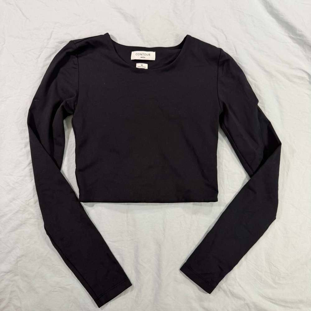 Aritzia Babaton Contour Long Sleeve Crew Neck Cropped Top Black XS